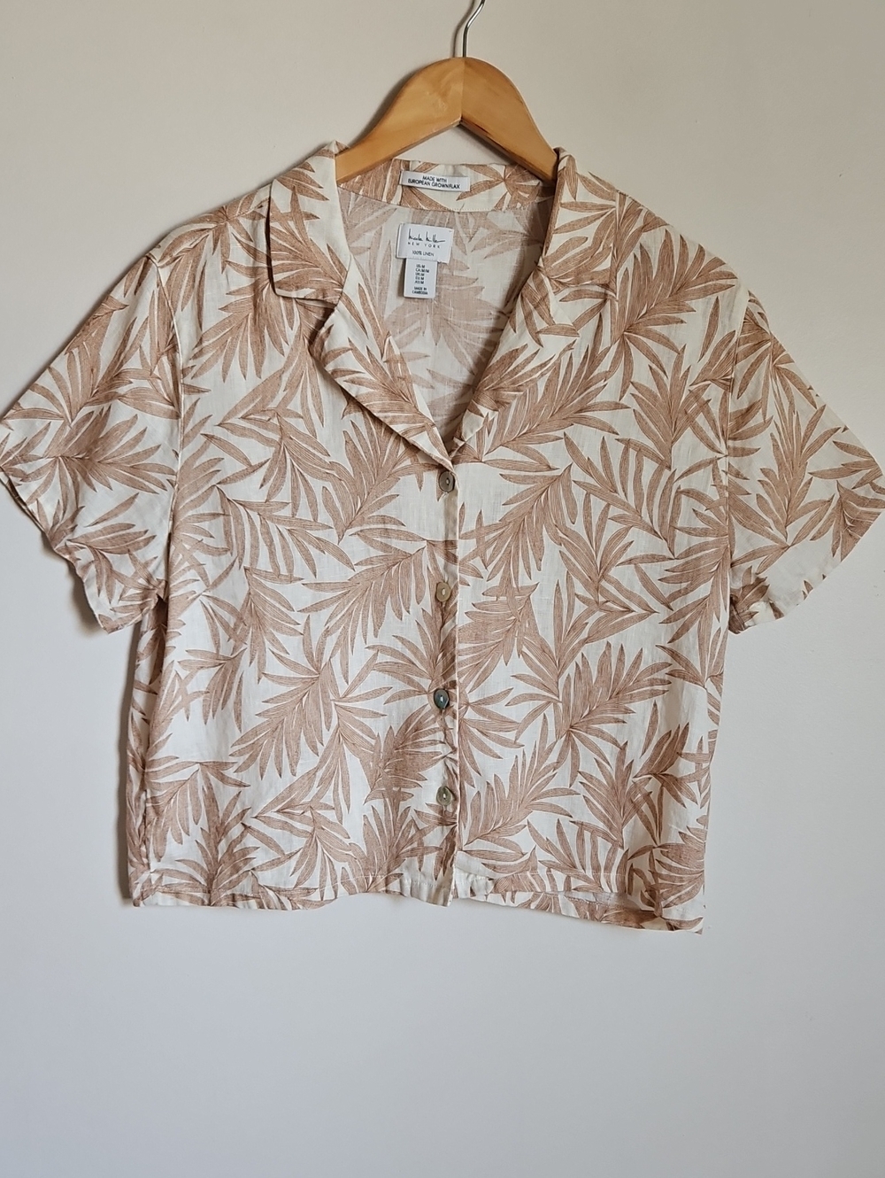 Nicole Miller Linen Short Sleeve Boxy Button Up European Flax SZM MOP Button Tan
